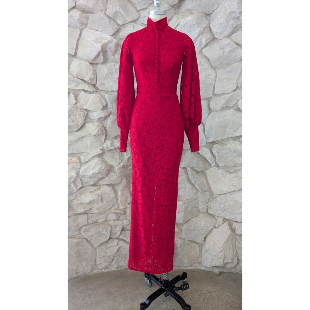 Red Gown Custom Made with Blouson Sleeves Mock Neck